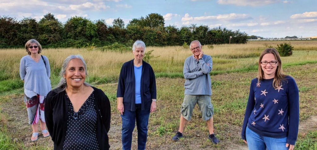 On More's Meadow, from L to R: Sarah Rann, Jaspaul Hill, Mary Lester, Keith Sugden and Bev Cornaby